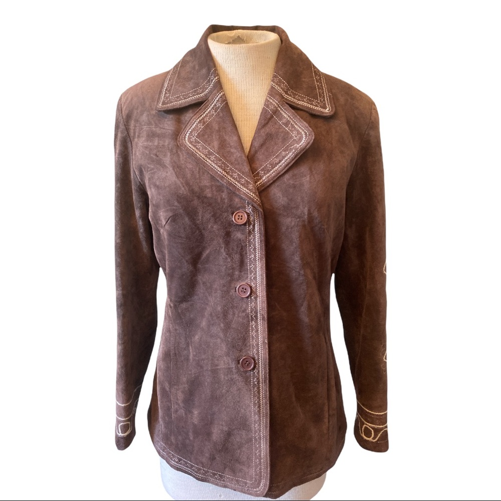 Nordstrom Leather Embroidered Blazer Brown Medium